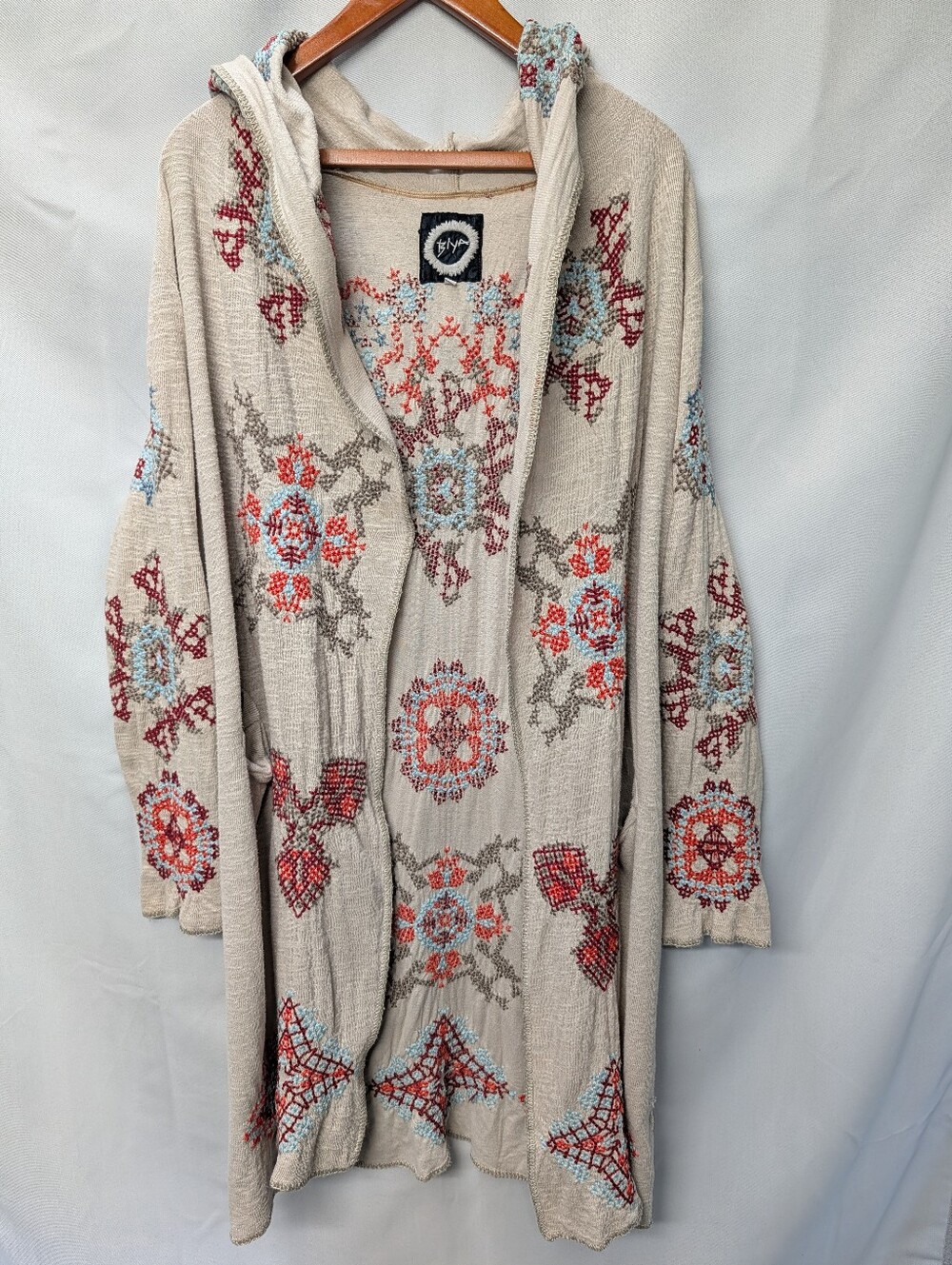 Johnny Was ✨Biya Cream Hooded Cardigan, Floral Embroidery Cross-stitching Size M
